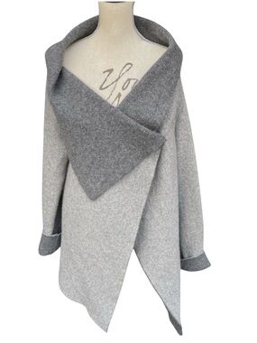 A-IDA Two Tone Grey Wool Blend Asymmetric Shawl Collar Wrap Sweater Jacket (XL)